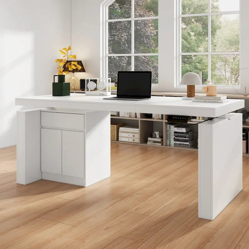 Bureau blanc réglable en hauteur avec meuble latéral, 180 cm, 1 personne
