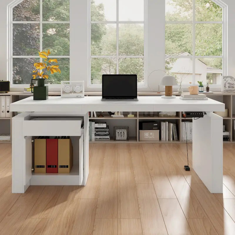 Bureau blanc réglable en hauteur avec meuble latéral, 180 cm, 1 personne