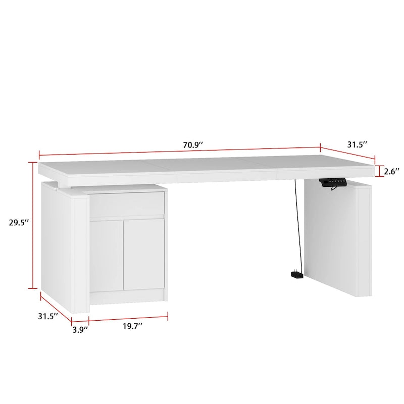 Bureau blanc réglable en hauteur avec meuble latéral, 180 cm, 1 personne