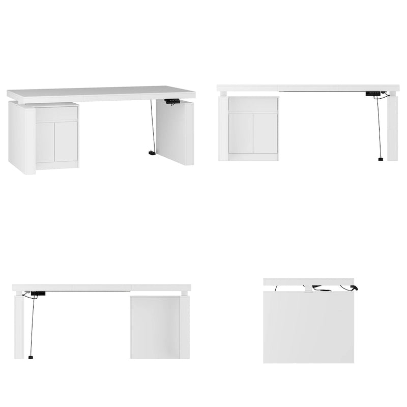 Bureau blanc réglable en hauteur avec meuble latéral, 180 cm, 1 personne