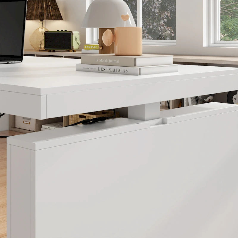 Bureau blanc réglable en hauteur avec meuble latéral, 180 cm, 1 personne