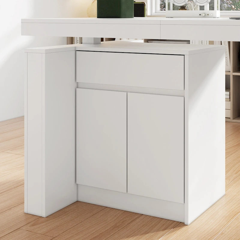Bureau blanc réglable en hauteur avec meuble latéral, 180 cm, 1 personne