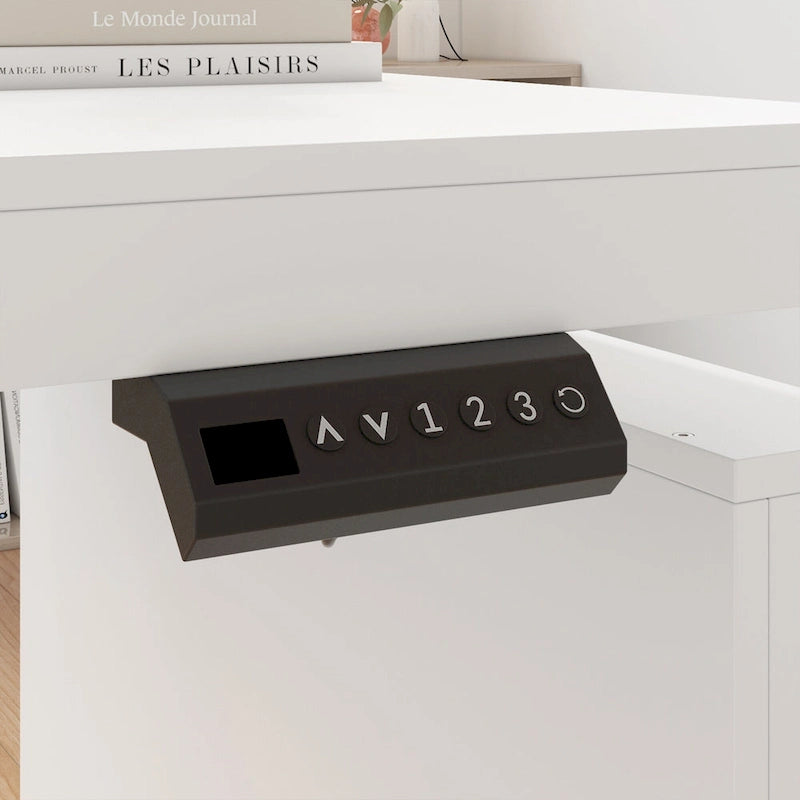 Bureau blanc réglable en hauteur avec meuble latéral, 180 cm, 1 personne