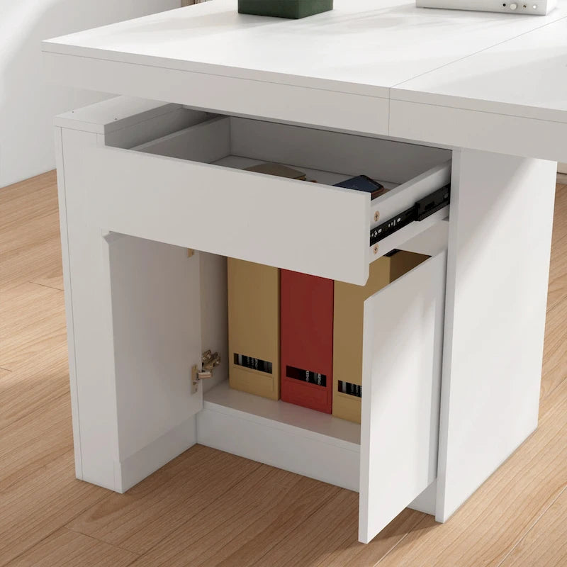 Bureau blanc réglable en hauteur avec meuble latéral, 180 cm, 1 personne