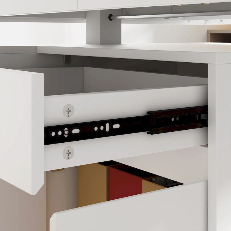 Bureau blanc réglable en hauteur avec meuble latéral, 180 cm, 1 personne
