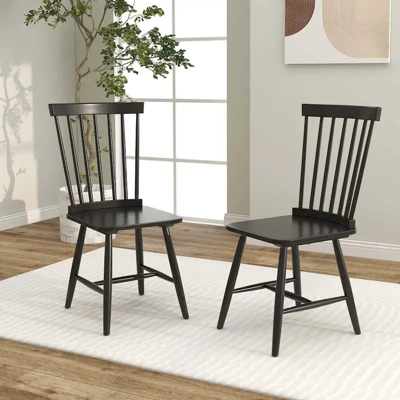 Chaise de salle à manger Windsor noire / naturelle, dossier à fuseaux sans accoudoirs, lot de 2