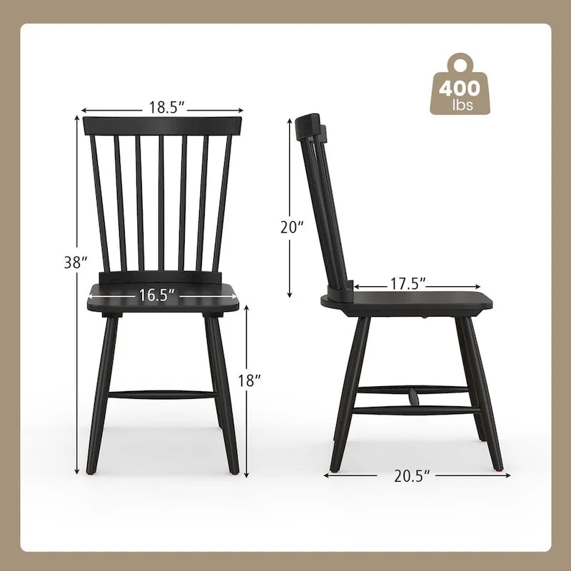 Chaise de salle à manger Windsor noire / naturelle, dossier à fuseaux sans accoudoirs, lot de 2