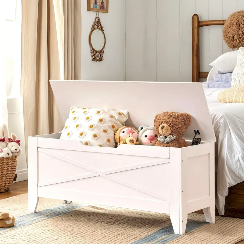 Banc de rangement gris/blanc avec charnières de sécurité, 45/76 cm, 1 personne