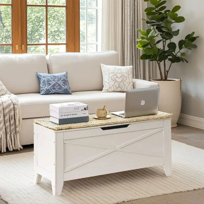 Banc de rangement gris/blanc avec charnières de sécurité, 45/76 cm, 1 personne