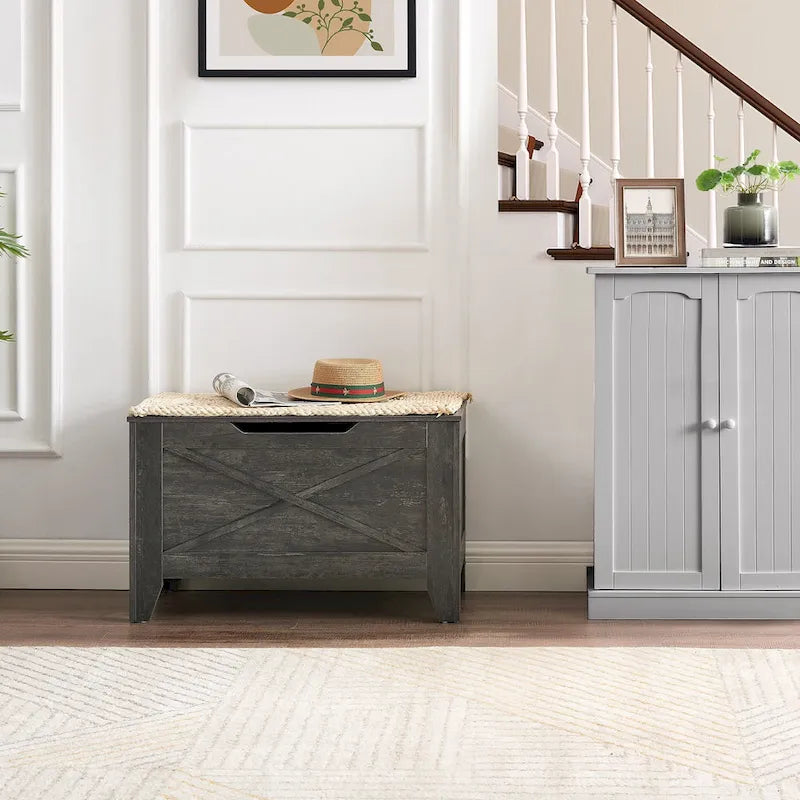 Banc de rangement gris/blanc avec charnières de sécurité, 45/76 cm, 1 personne