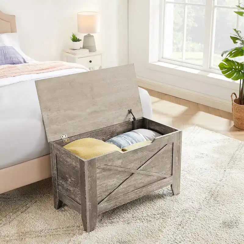 Banc de rangement gris/blanc avec charnières de sécurité, 45/76 cm, 1 personne