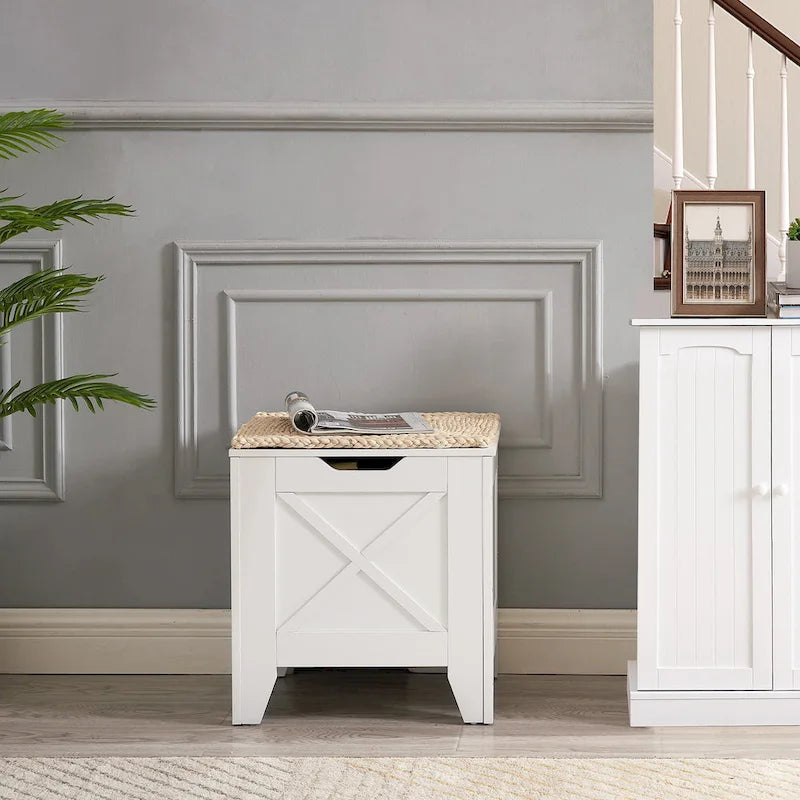 Banc de rangement gris/blanc avec charnières de sécurité, 45/76 cm, 1 personne