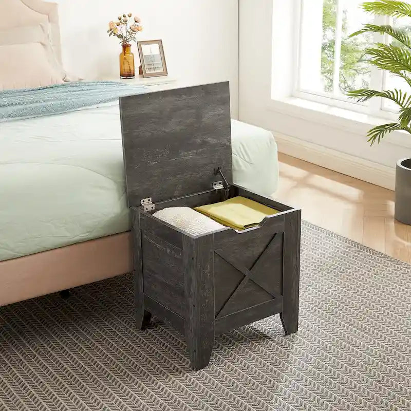 Banc de rangement gris/blanc avec charnières de sécurité, 45/76 cm, 1 personne