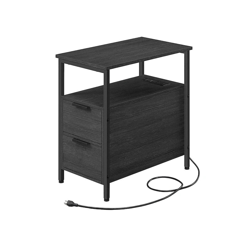 Table de chevet étroite avec station de charge, 1 personne - Noir / Gris-beige / Marron rustique / Chêne