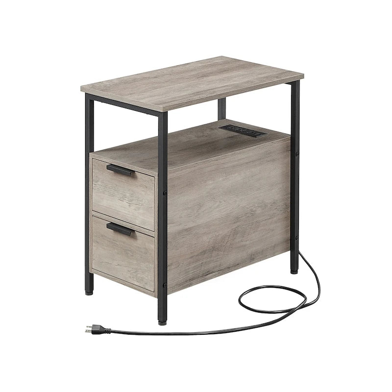 Table de chevet étroite avec station de charge, 1 personne - Noir / Gris-beige / Marron rustique / Chêne