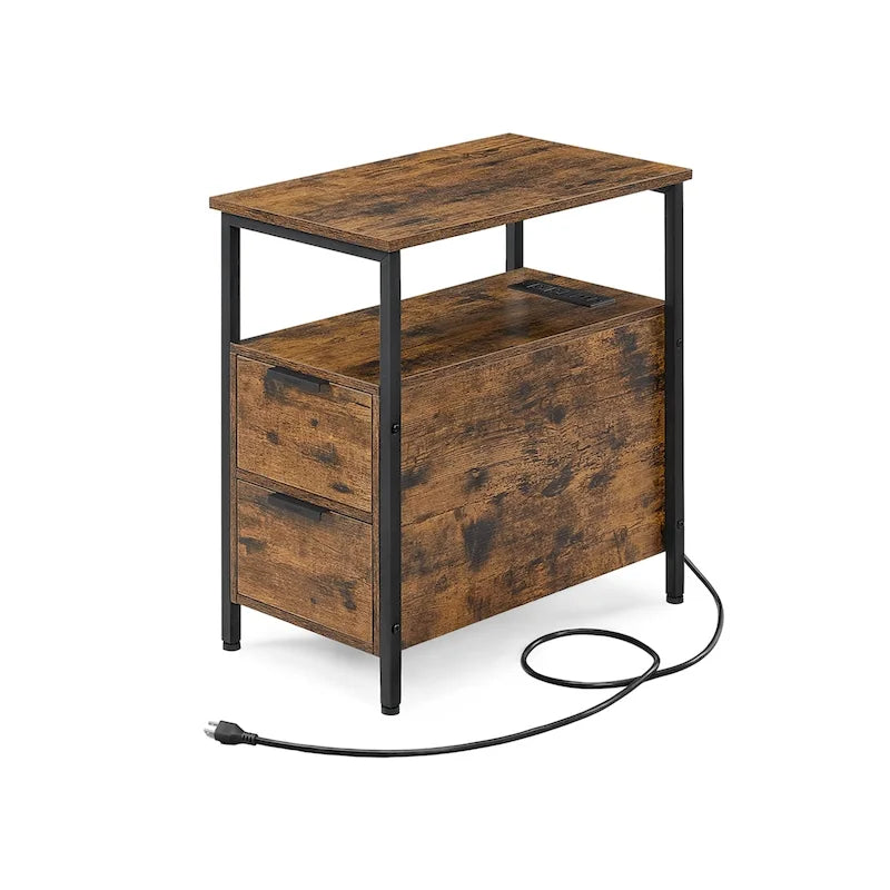 Table de chevet étroite avec station de charge, 1 personne - Noir / Gris-beige / Marron rustique / Chêne