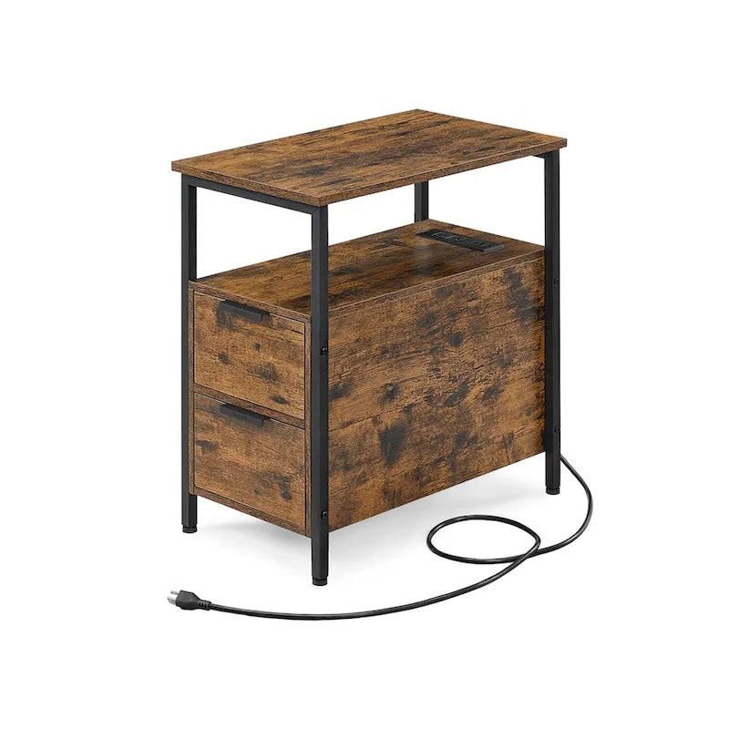 Table de chevet étroite avec station de charge, 1 personne - Noir / Gris-beige / Marron rustique / Chêne