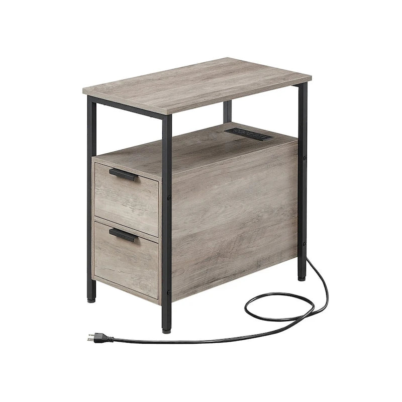 Table de chevet étroite avec station de charge, 1 personne - Noir / Gris-beige / Marron rustique / Chêne
