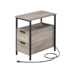 Table de chevet étroite avec station de charge, 1 personne - Noir / Gris-beige / Marron rustique / Chêne