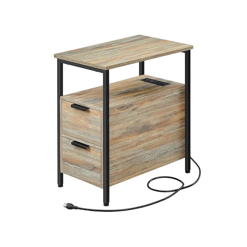 Table de chevet étroite avec station de charge, 1 personne - Noir / Gris-beige / Marron rustique / Chêne