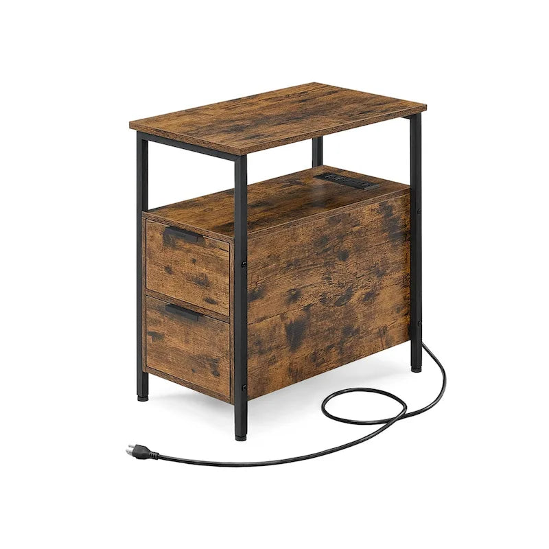 Table de chevet étroite avec station de charge, 1 personne - Noir / Gris-beige / Marron rustique / Chêne