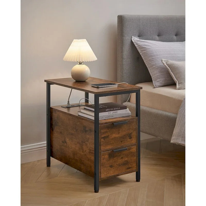 Table de chevet étroite avec station de charge, 1 personne - Noir / Gris-beige / Marron rustique / Chêne