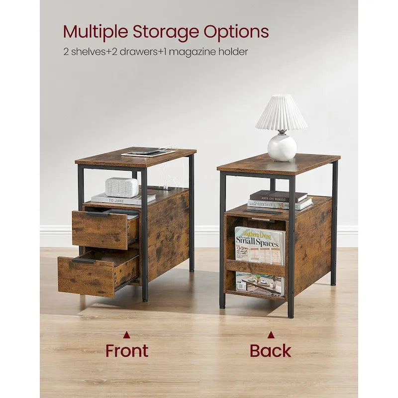 Table de chevet étroite avec station de charge, 1 personne - Noir / Gris-beige / Marron rustique / Chêne