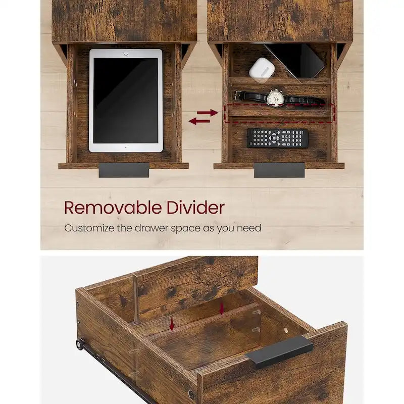 Table de chevet étroite avec station de charge, 1 personne - Noir / Gris-beige / Marron rustique / Chêne