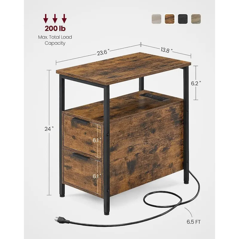 Table de chevet étroite avec station de charge, 1 personne - Noir / Gris-beige / Marron rustique / Chêne