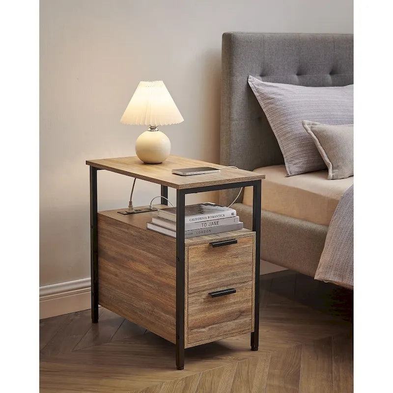 Table de chevet étroite avec station de charge, 1 personne - Noir / Gris-beige / Marron rustique / Chêne