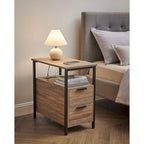 Table de chevet étroite avec station de charge, 1 personne - Noir / Gris-beige / Marron rustique / Chêne