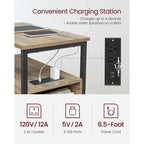 Table de chevet étroite avec station de charge, 1 personne - Noir / Gris-beige / Marron rustique / Chêne