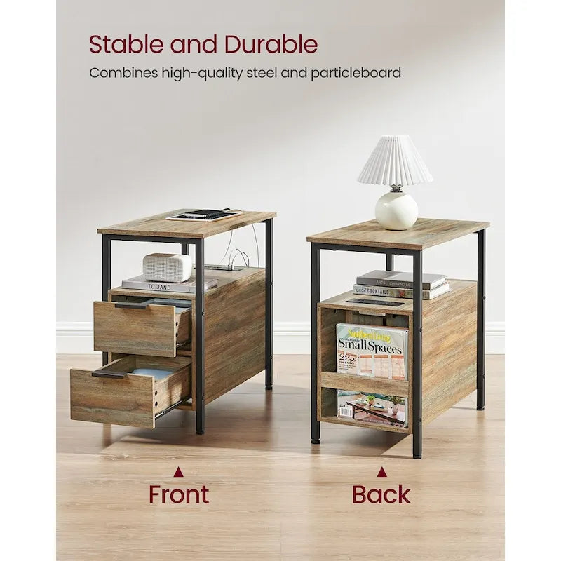 Table de chevet étroite avec station de charge, 1 personne - Noir / Gris-beige / Marron rustique / Chêne