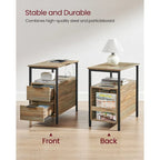 Table de chevet étroite avec station de charge, 1 personne - Noir / Gris-beige / Marron rustique / Chêne