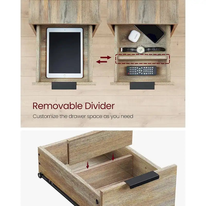 Table de chevet étroite avec station de charge, 1 personne - Noir / Gris-beige / Marron rustique / Chêne