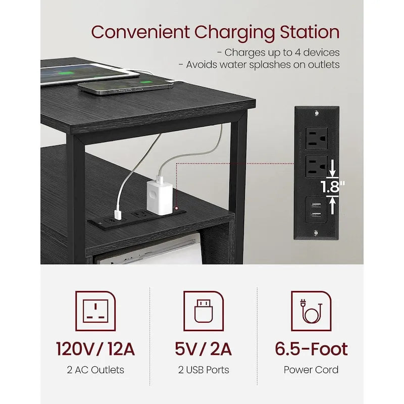 Table de chevet étroite avec station de charge, 1 personne - Noir / Gris-beige / Marron rustique / Chêne