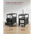 Table de chevet étroite avec station de charge, 1 personne - Noir / Gris-beige / Marron rustique / Chêne