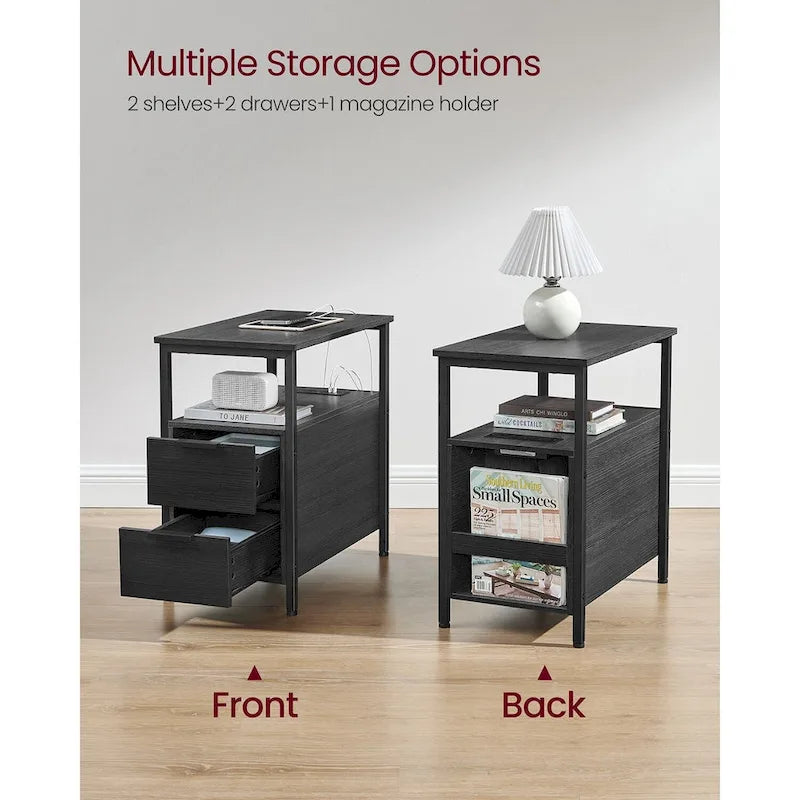 Table de chevet étroite avec station de charge, 1 personne - Noir / Gris-beige / Marron rustique / Chêne