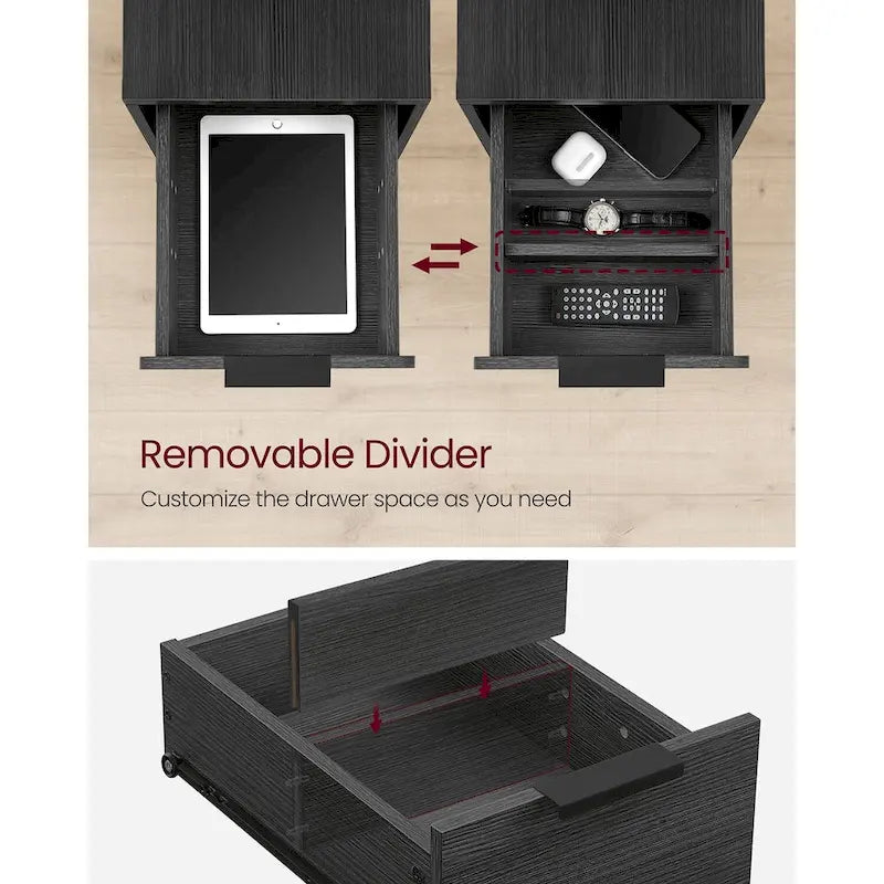 Table de chevet étroite avec station de charge, 1 personne - Noir / Gris-beige / Marron rustique / Chêne