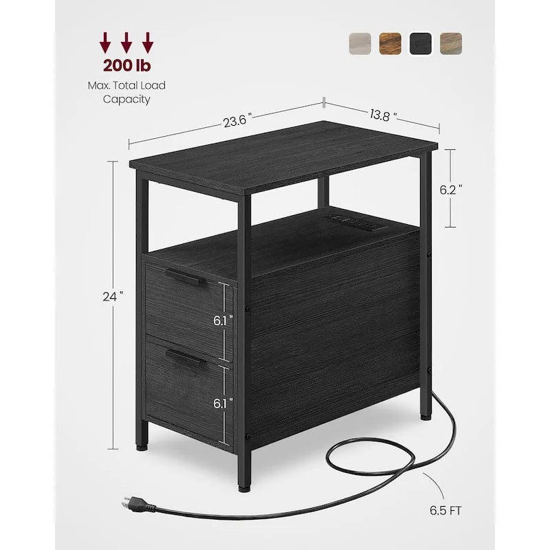 Table de chevet étroite avec station de charge, 1 personne - Noir / Gris-beige / Marron rustique / Chêne