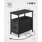 Table de chevet étroite avec station de charge, 1 personne - Noir / Gris-beige / Marron rustique / Chêne