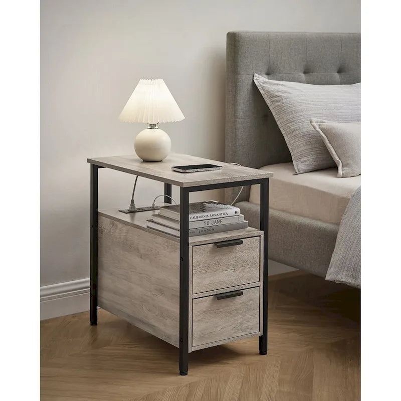 Table de chevet étroite avec station de charge, 1 personne - Noir / Gris-beige / Marron rustique / Chêne