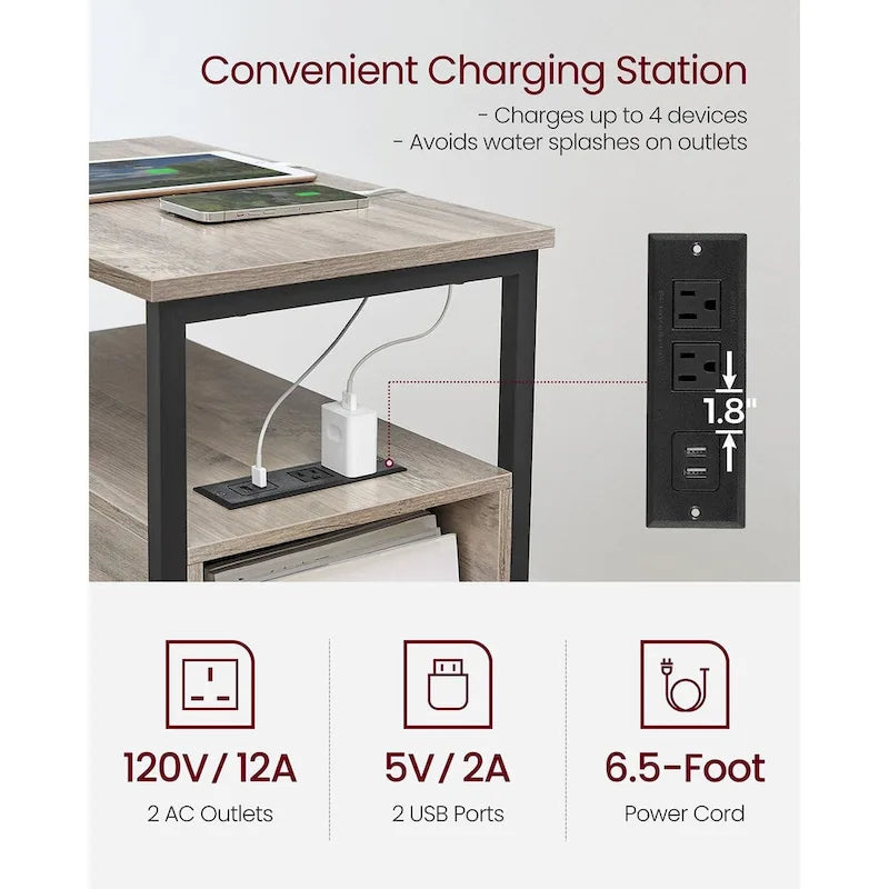 Table de chevet étroite avec station de charge, 1 personne - Noir / Gris-beige / Marron rustique / Chêne