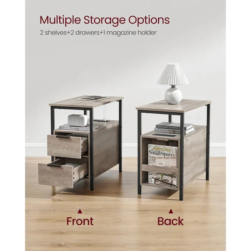 Table de chevet étroite avec station de charge, 1 personne - Noir / Gris-beige / Marron rustique / Chêne