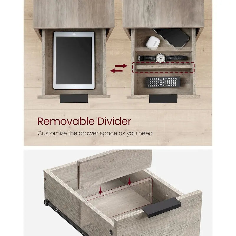 Table de chevet étroite avec station de charge, 1 personne - Noir / Gris-beige / Marron rustique / Chêne