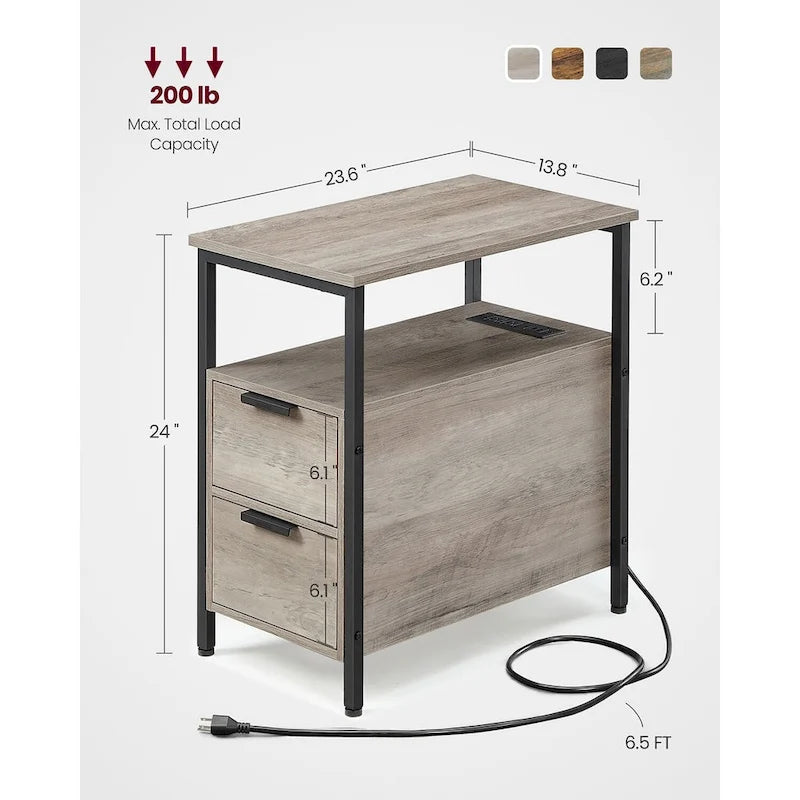 Table de chevet étroite avec station de charge, 1 personne - Noir / Gris-beige / Marron rustique / Chêne