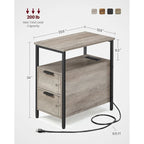 Table de chevet étroite avec station de charge, 1 personne - Noir / Gris-beige / Marron rustique / Chêne