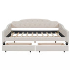 Lit de repos capitonné beige avec 2 tiroirs, taille double, 1 personne
