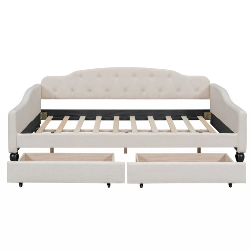 Lit de repos capitonné beige avec 2 tiroirs, taille double, 1 personne