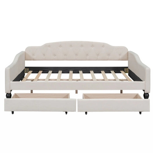 Lit de repos capitonné beige avec 2 tiroirs, taille double, 1 personne
